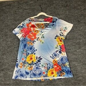 One World Live & Let Live Floral Paisley Rhinestone Top Size Small